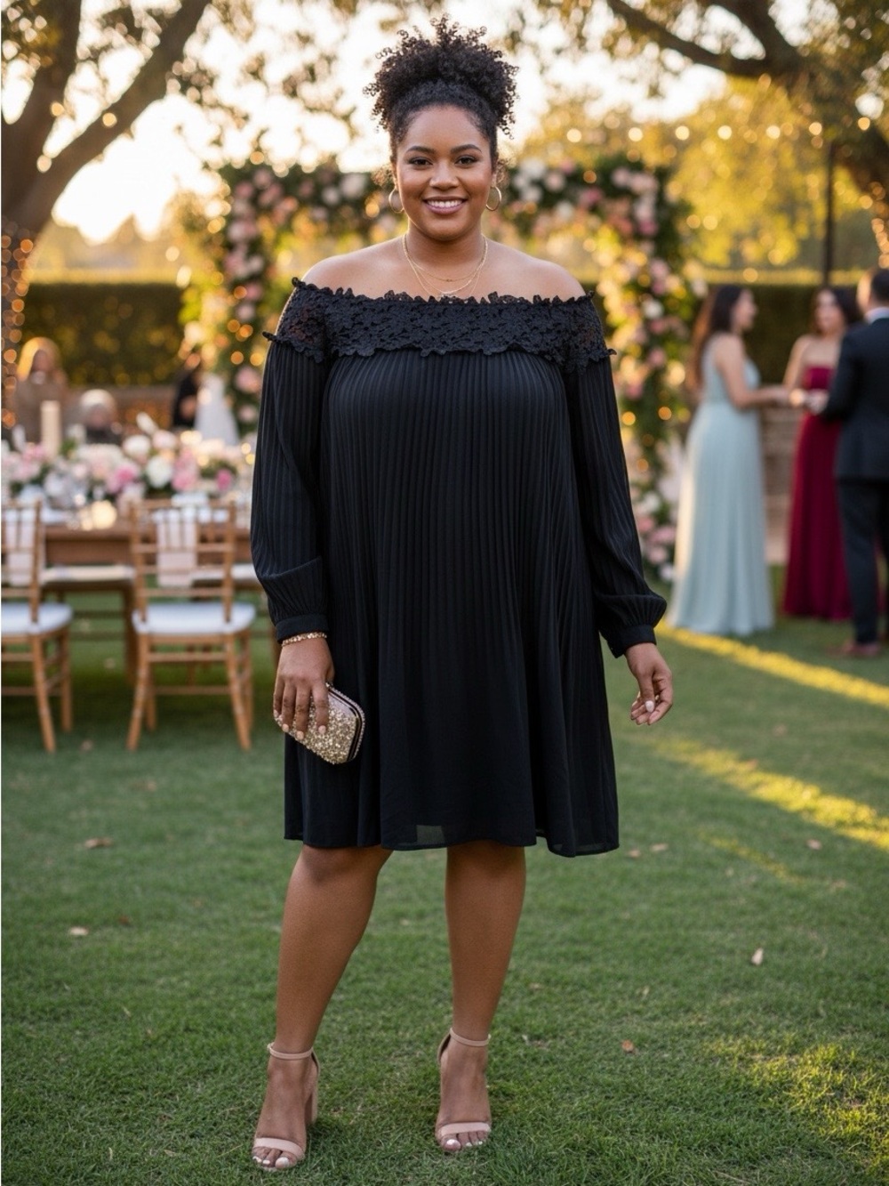 Plus-Size Off-Shoulder Black Lace Yoke Pleated Dress
